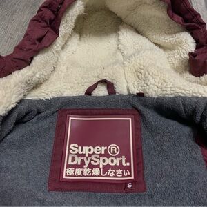 SUPERDRY Women Hooded Sherpa burgundy Waistcoat Gillet Vest Size small